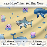 Cute Dolphin Shark and Jellyfish Ocean Animals Warm Yellow Background   Digital Print Fabric by the Metre UK Sewing Quilting Textile