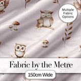 Cute Woodland Owls Mushrooms and Leaves Soft Blush Background Seamless Pattern Digital Print Fabric by the Metre UK Sewing Quilting Textile