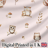 Cute Woodland Owls Mushrooms and Leaves Soft Blush Background Seamless Pattern Digital Print Fabric by the Metre UK Sewing Quilting Textile