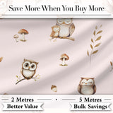 Cute Woodland Owls Mushrooms and Leaves Soft Blush Background Seamless Pattern Digital Print Fabric by the Metre UK Sewing Quilting Textile