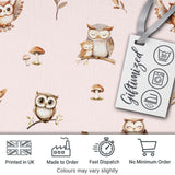 Cute Woodland Owls Mushrooms and Leaves Soft Blush Background Seamless Pattern Digital Print Fabric by the Metre UK Sewing Quilting Textile