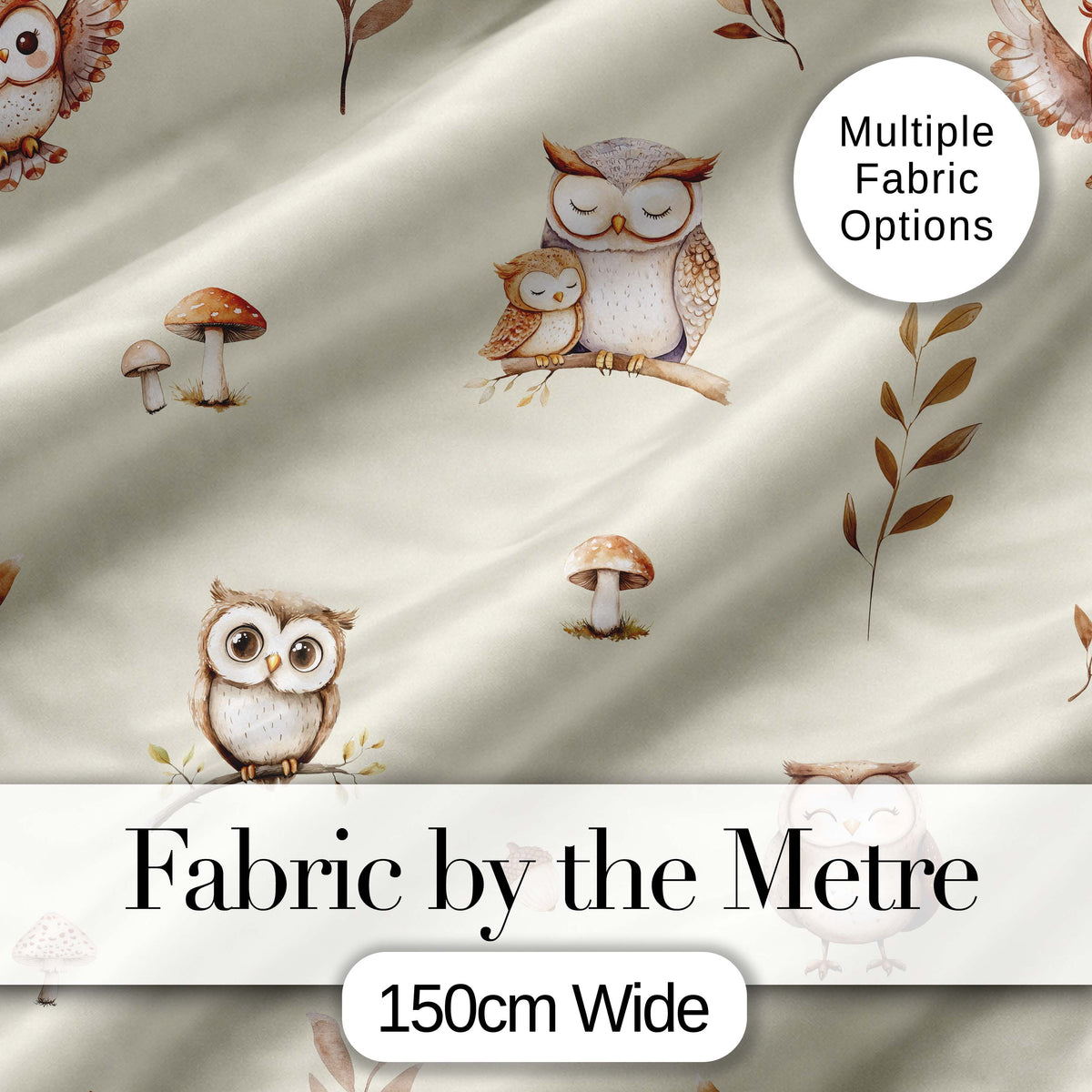 Cute Woodland Owls Mushrooms and Leaves Warm Beige Background Seamless Pattern Digital Print Fabric by the Metre UK Sewing Quilting Textile