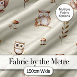 Cute Woodland Owls Mushrooms and Leaves Warm Beige Background Seamless Pattern Digital Print Fabric by the Metre UK Sewing Quilting Textile