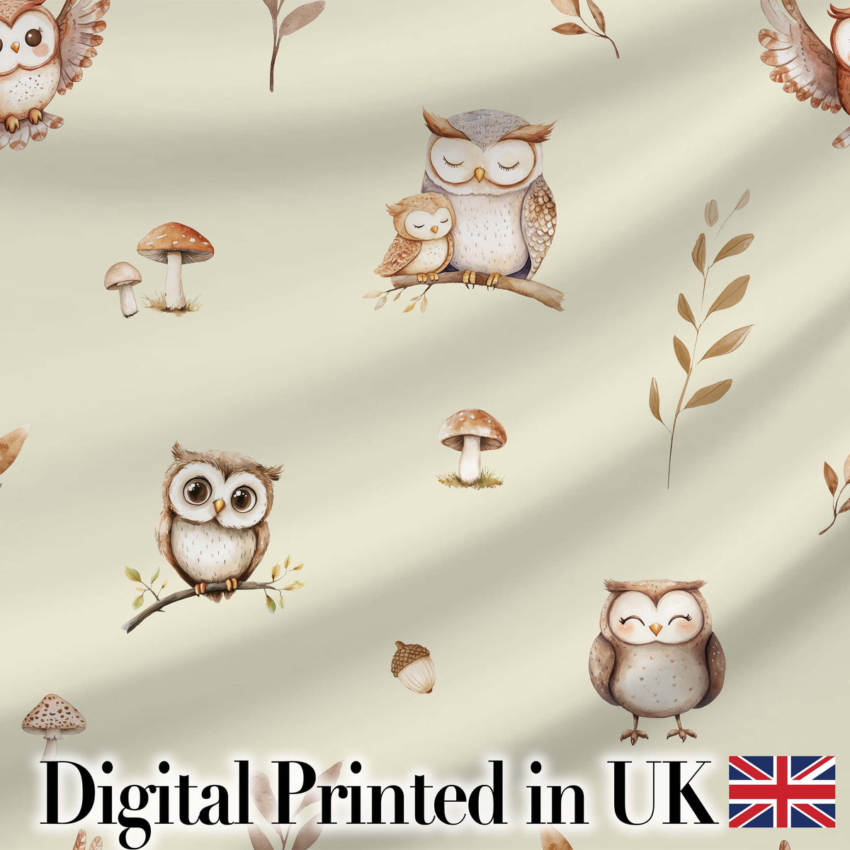 Cute Woodland Owls Mushrooms and Leaves Warm Beige Background Seamless Pattern Digital Print Fabric by the Metre UK Sewing Quilting Textile