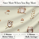 Cute Woodland Owls Mushrooms and Leaves Warm Beige Background Seamless Pattern Digital Print Fabric by the Metre UK Sewing Quilting Textile