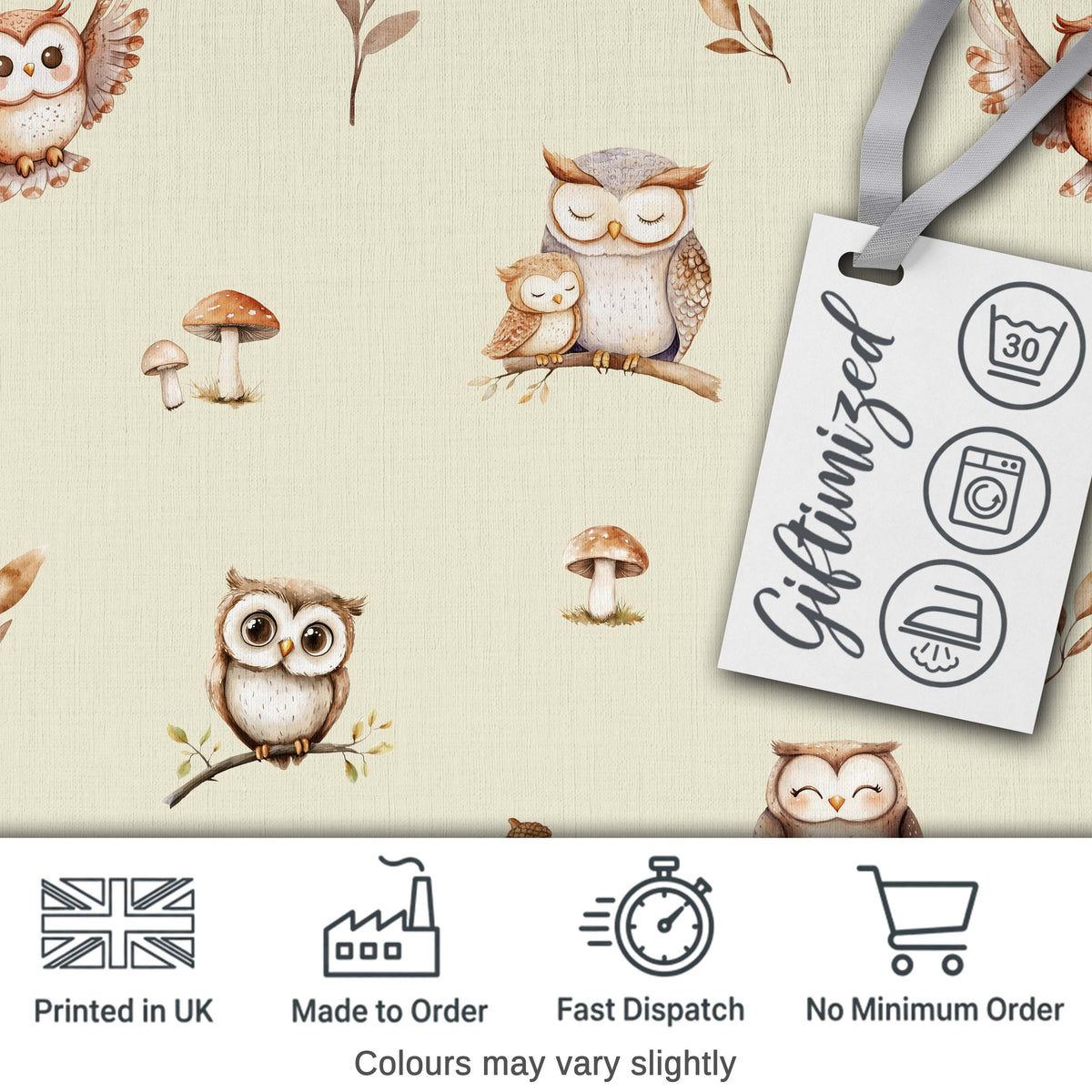 Cute Woodland Owls Mushrooms and Leaves Warm Beige Background Seamless Pattern Digital Print Fabric by the Metre UK Sewing Quilting Textile