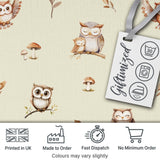 Cute Woodland Owls Mushrooms and Leaves Warm Beige Background Seamless Pattern Digital Print Fabric by the Metre UK Sewing Quilting Textile