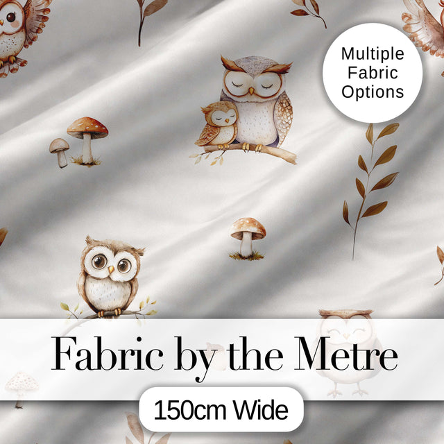 Cute Woodland Owls Mushrooms and Leaves Neutral Grey Background Seamless  Digital Print Fabric by the Metre UK Sewing Quilting Textile