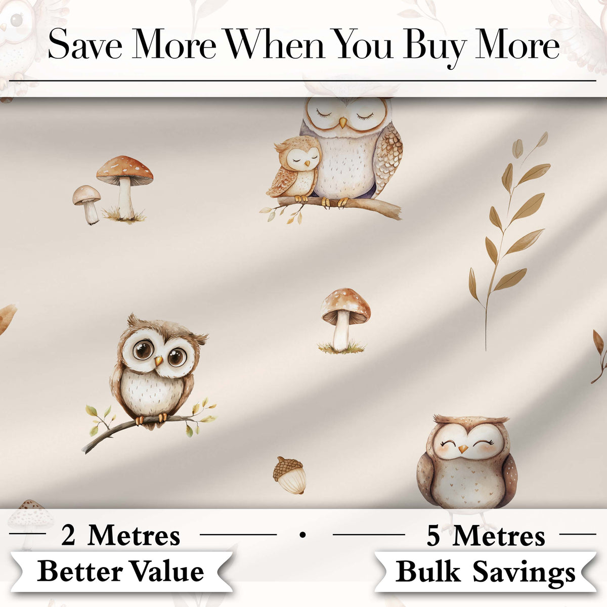 Cute Woodland Owls Mushrooms and Leaves Soft Cream Background Seamless Pattern Digital Print Fabric by the Metre UK Sewing Quilting Textile