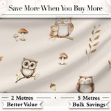 Cute Woodland Owls Mushrooms and Leaves Soft Cream Background Seamless Pattern Digital Print Fabric by the Metre UK Sewing Quilting Textile