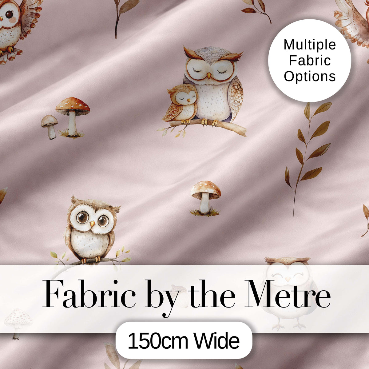 Cute Woodland Owls Mushrooms and Leaves Soft Blush Pink Background   Digital Print Fabric by the Metre UK Sewing Quilting Textile