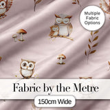 Cute Woodland Owls Mushrooms and Leaves Soft Blush Pink Background   Digital Print Fabric by the Metre UK Sewing Quilting Textile