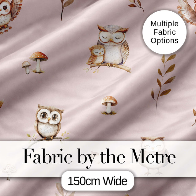 Cute Woodland Owls Mushrooms and Leaves Soft Blush Pink Background   Digital Print Fabric by the Metre UK Sewing Quilting Textile
