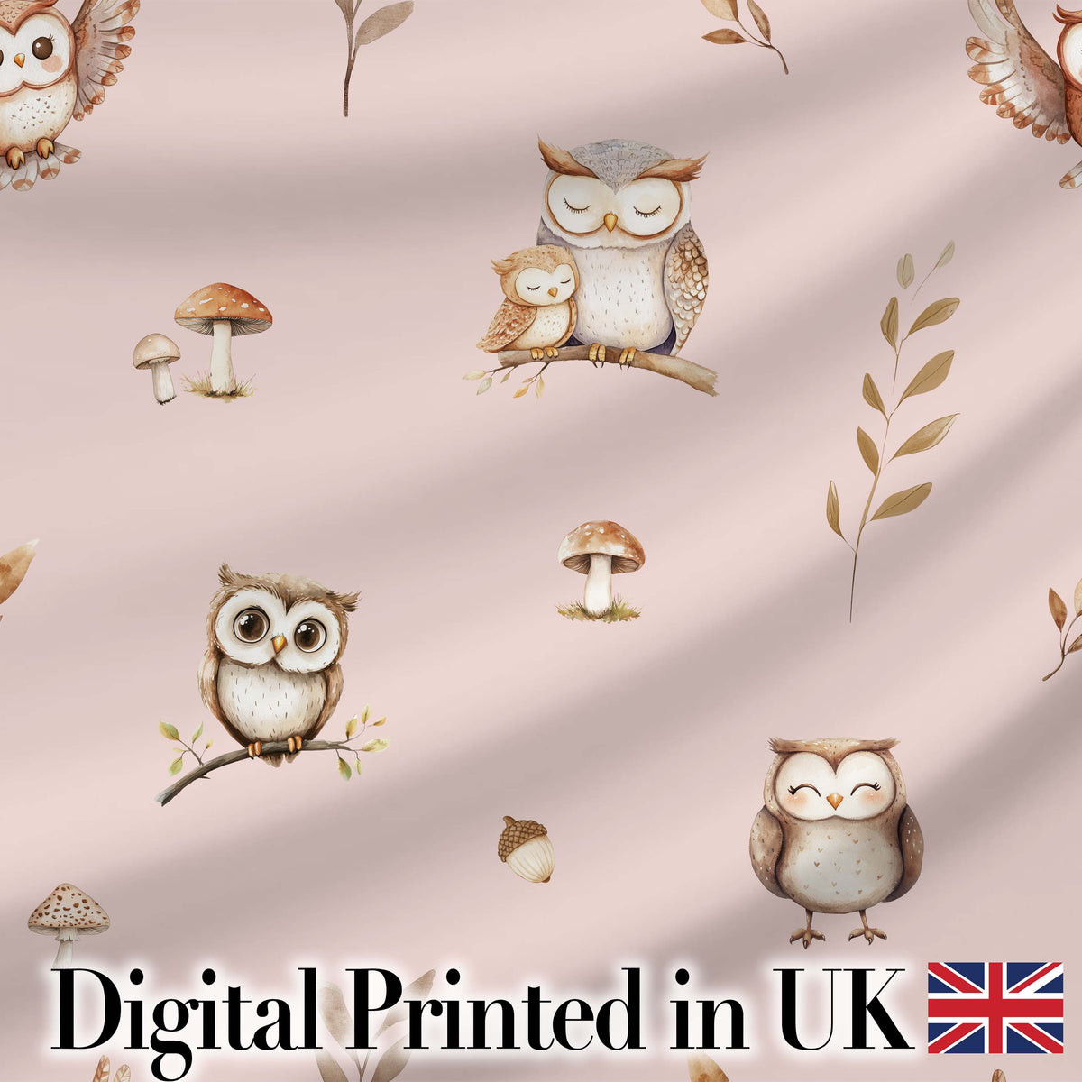 Cute Woodland Owls Mushrooms and Leaves Soft Blush Pink Background   Digital Print Fabric by the Metre UK Sewing Quilting Textile