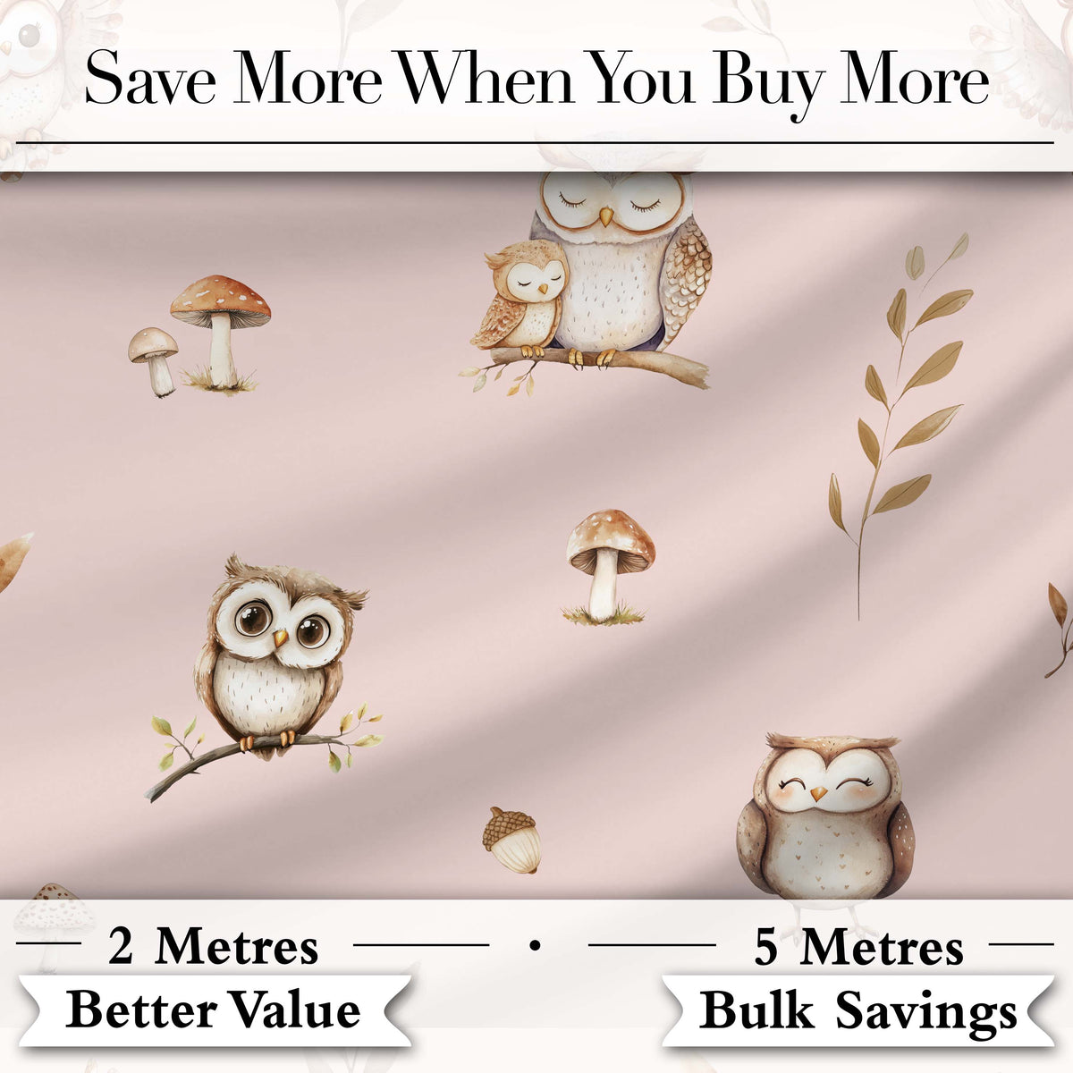 Cute Woodland Owls Mushrooms and Leaves Soft Blush Pink Background   Digital Print Fabric by the Metre UK Sewing Quilting Textile
