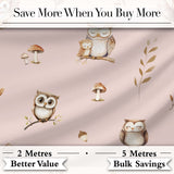 Cute Woodland Owls Mushrooms and Leaves Soft Blush Pink Background   Digital Print Fabric by the Metre UK Sewing Quilting Textile