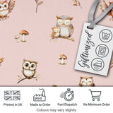 Cute Woodland Owls Mushrooms and Leaves Soft Blush Pink Background   Digital Print Fabric by the Metre UK Sewing Quilting Textile