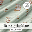 Cute Woodland Owls Mushrooms and Leaves Sage Green Background Seamless Pattern Digital Print Fabric by the Metre UK Sewing Quilting Textile