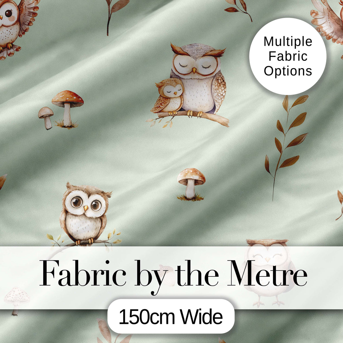 Cute Woodland Owls Mushrooms and Leaves Sage Green Background Seamless Pattern Digital Print Fabric by the Metre UK Sewing Quilting Textile