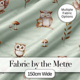Cute Woodland Owls Mushrooms and Leaves Sage Green Background Seamless Pattern Digital Print Fabric by the Metre UK Sewing Quilting Textile