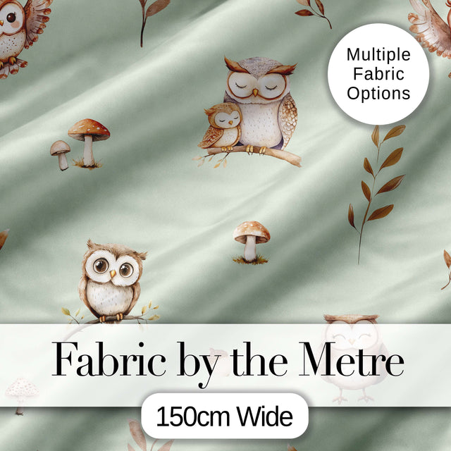 Cute Woodland Owls Mushrooms and Leaves Sage Green Background Seamless Pattern Digital Print Fabric by the Metre UK Sewing Quilting Textile