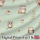 Cute Woodland Owls Mushrooms and Leaves Sage Green Background Seamless Pattern Digital Print Fabric by the Metre UK Sewing Quilting Textile