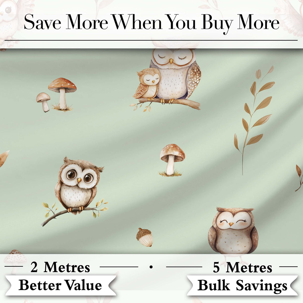 Cute Woodland Owls Mushrooms and Leaves Sage Green Background Seamless Pattern Digital Print Fabric by the Metre UK Sewing Quilting Textile