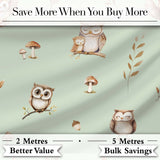 Cute Woodland Owls Mushrooms and Leaves Sage Green Background Seamless Pattern Digital Print Fabric by the Metre UK Sewing Quilting Textile