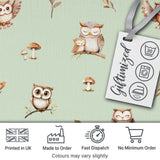 Cute Woodland Owls Mushrooms and Leaves Sage Green Background Seamless Pattern Digital Print Fabric by the Metre UK Sewing Quilting Textile