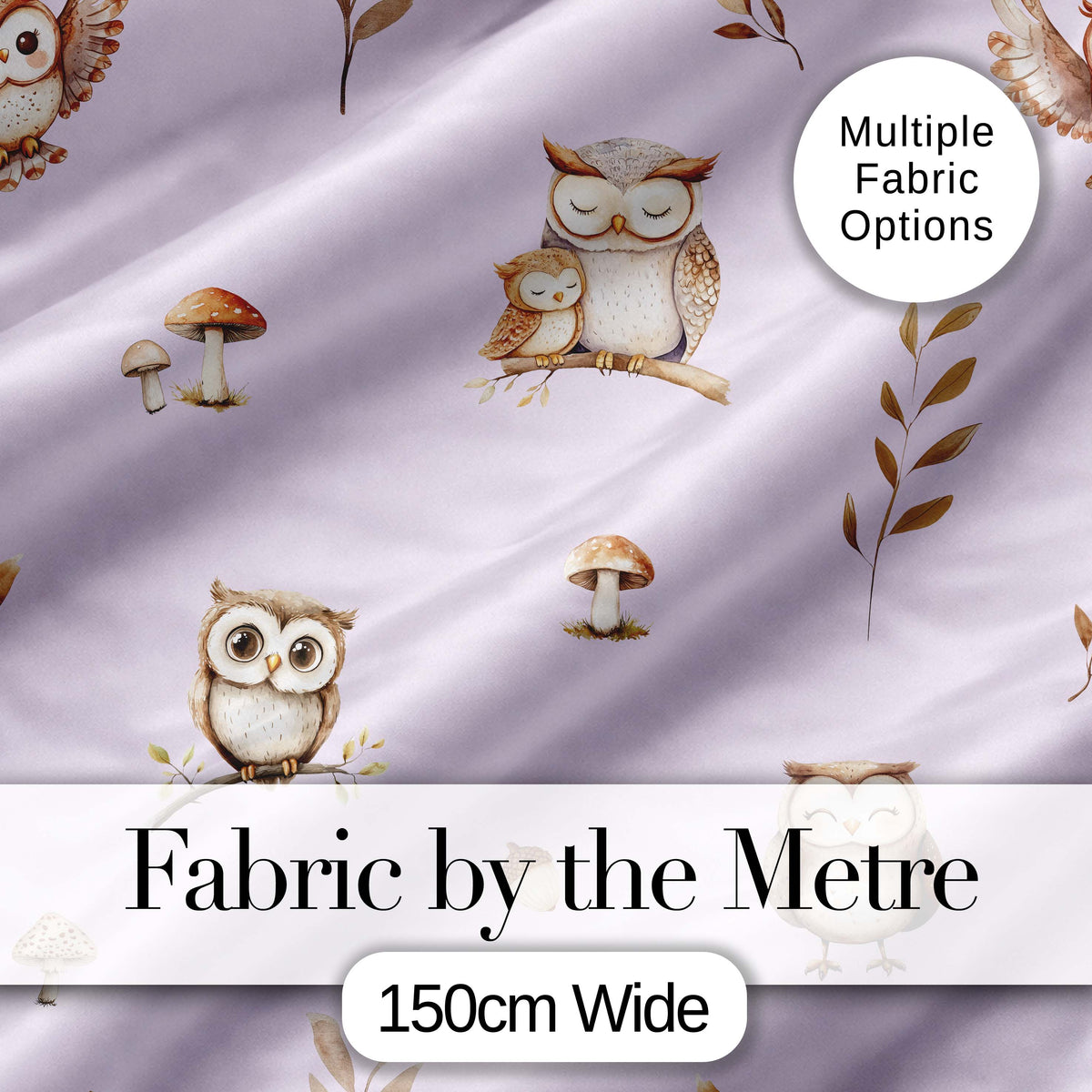 Cute Woodland Owls Mushrooms and Leaves Soft Lavender Background   Digital Print Fabric by the Metre UK Sewing Quilting Textile