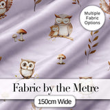 Cute Woodland Owls Mushrooms and Leaves Soft Lavender Background   Digital Print Fabric by the Metre UK Sewing Quilting Textile