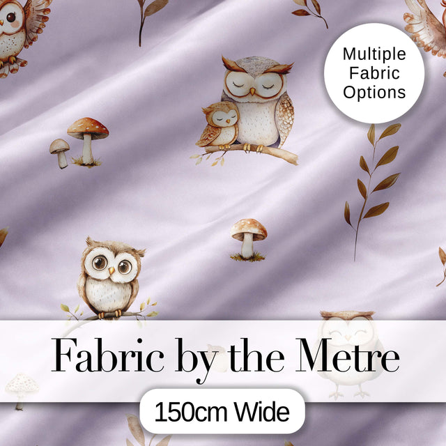Cute Woodland Owls Mushrooms and Leaves Soft Lavender Background   Digital Print Fabric by the Metre UK Sewing Quilting Textile