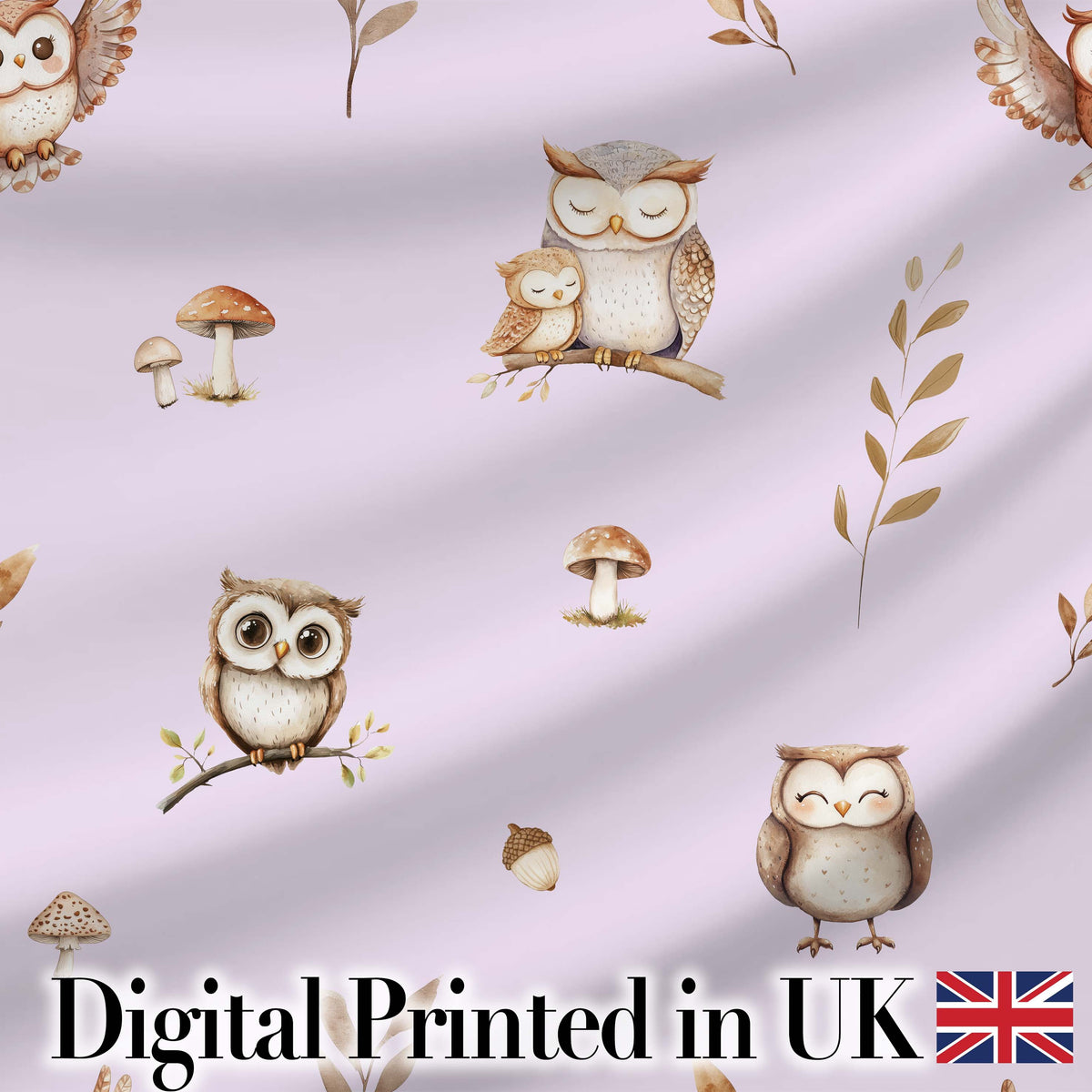Cute Woodland Owls Mushrooms and Leaves Soft Lavender Background   Digital Print Fabric by the Metre UK Sewing Quilting Textile
