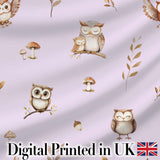 Cute Woodland Owls Mushrooms and Leaves Soft Lavender Background   Digital Print Fabric by the Metre UK Sewing Quilting Textile