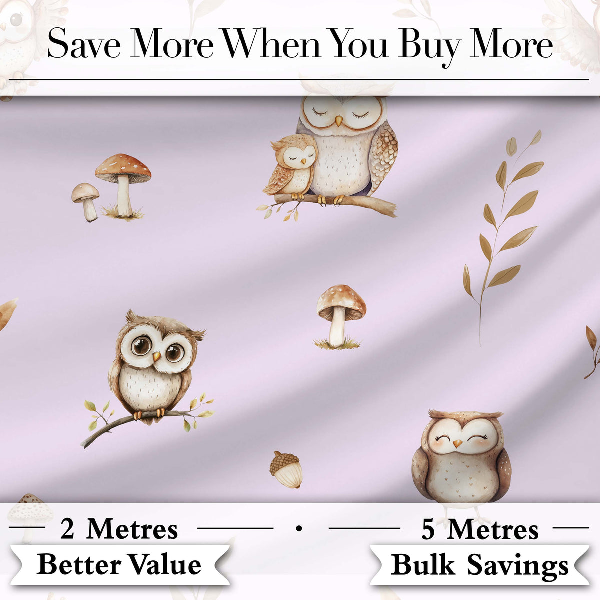 Cute Woodland Owls Mushrooms and Leaves Soft Lavender Background   Digital Print Fabric by the Metre UK Sewing Quilting Textile