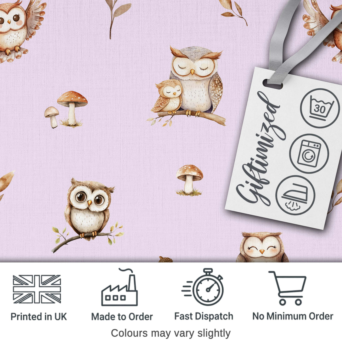 Cute Woodland Owls Mushrooms and Leaves Soft Lavender Background   Digital Print Fabric by the Metre UK Sewing Quilting Textile