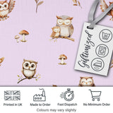 Cute Woodland Owls Mushrooms and Leaves Soft Lavender Background   Digital Print Fabric by the Metre UK Sewing Quilting Textile