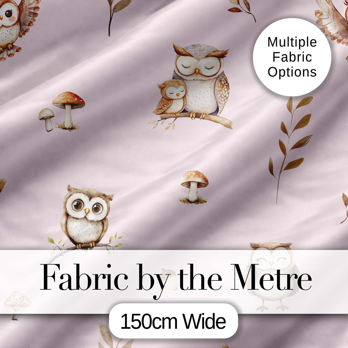 Cute Woodland Owls Mushrooms and Leaves Soft Beige Background Seamless Pattern Digital Print Fabric by the Metre UK Sewing Quilting Textile