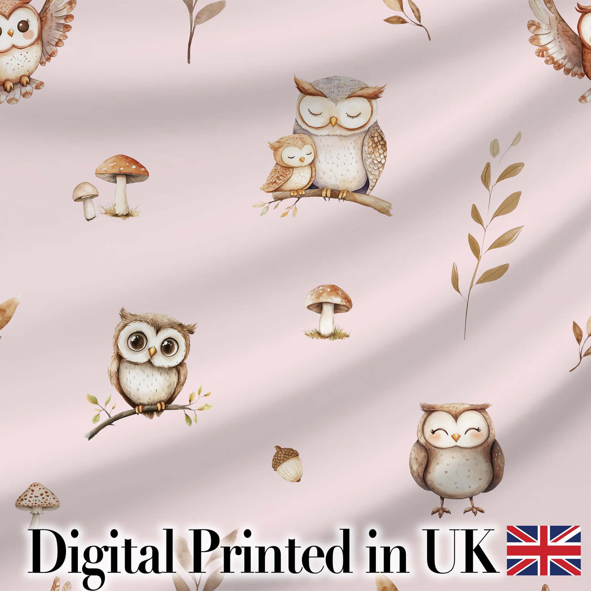 Cute Woodland Owls Mushrooms and Leaves Soft Beige Background Seamless Pattern Digital Print Fabric by the Metre UK Sewing Quilting Textile