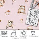Cute Woodland Owls Mushrooms and Leaves Soft Beige Background Seamless Pattern Digital Print Fabric by the Metre UK Sewing Quilting Textile