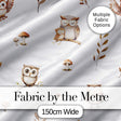 Cute Woodland Owls Mushrooms and Leaves Light Grey Background Seamless Pattern Digital Print Fabric by the Metre UK Sewing Quilting Textile