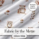 Cute Woodland Owls Mushrooms and Leaves Light Grey Background Seamless Pattern Digital Print Fabric by the Metre UK Sewing Quilting Textile