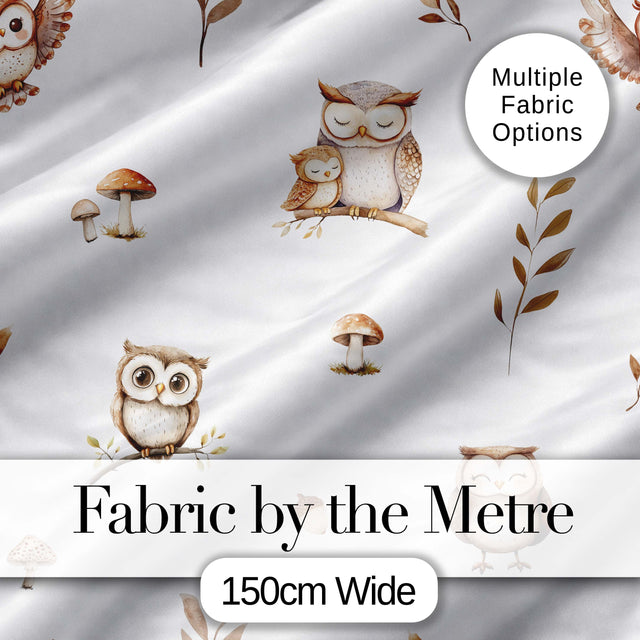 Cute Woodland Owls Mushrooms and Leaves Light Grey Background Seamless Pattern Digital Print Fabric by the Metre UK Sewing Quilting Textile