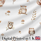 Cute Woodland Owls Mushrooms and Leaves Light Grey Background Seamless Pattern Digital Print Fabric by the Metre UK Sewing Quilting Textile