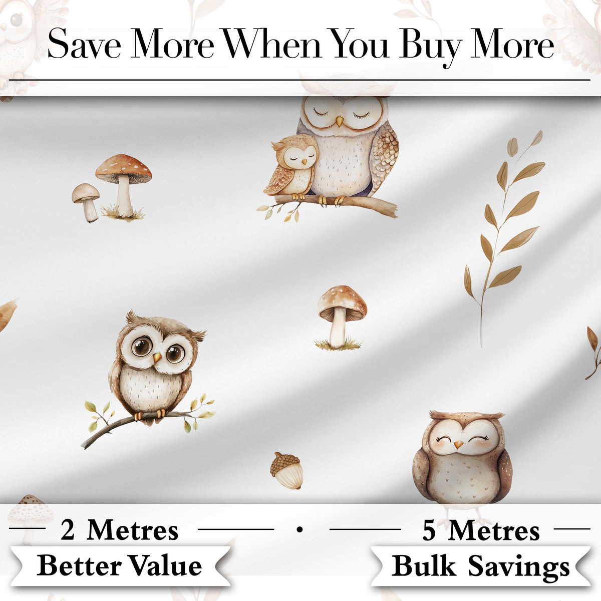 Cute Woodland Owls Mushrooms and Leaves Light Grey Background Seamless Pattern Digital Print Fabric by the Metre UK Sewing Quilting Textile
