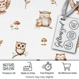 Cute Woodland Owls Mushrooms and Leaves Light Grey Background Seamless Pattern Digital Print Fabric by the Metre UK Sewing Quilting Textile