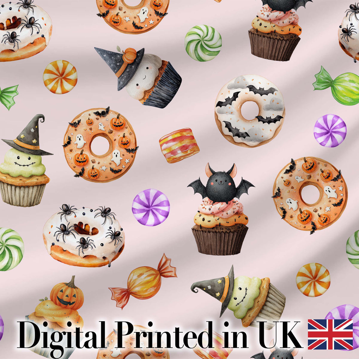 Cute Halloween Donuts Cupcakes Bats and Candy Soft Pink Background   Digital Print Fabric by the Metre UK Sewing Quilting Textile