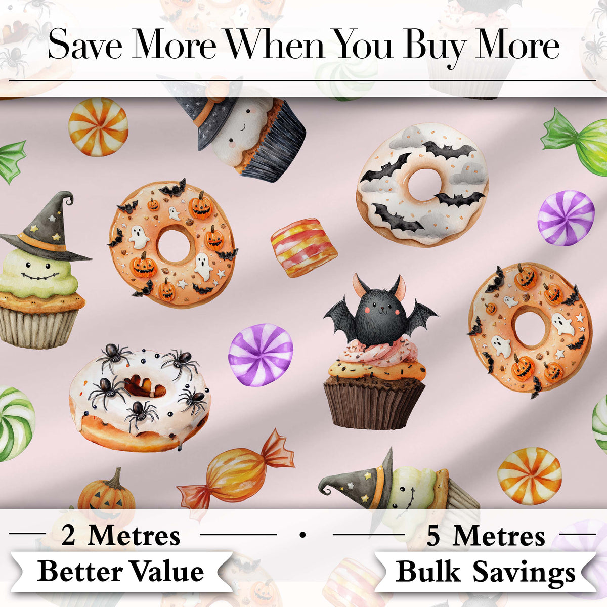 Cute Halloween Donuts Cupcakes Bats and Candy Soft Pink Background   Digital Print Fabric by the Metre UK Sewing Quilting Textile