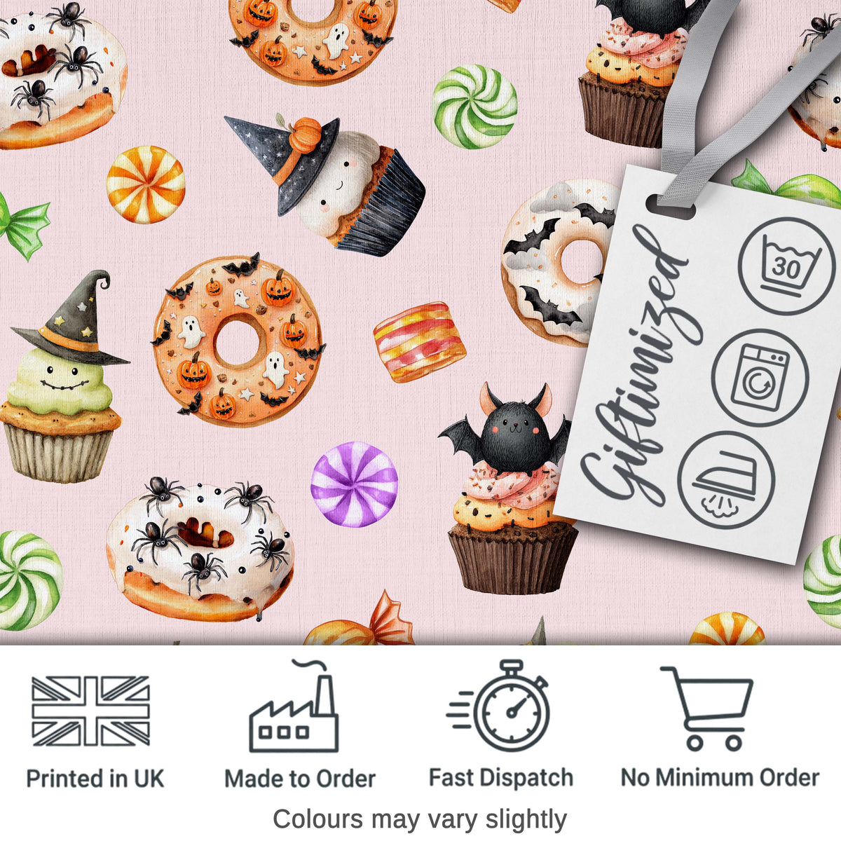 Cute Halloween Donuts Cupcakes Bats and Candy Soft Pink Background   Digital Print Fabric by the Metre UK Sewing Quilting Textile
