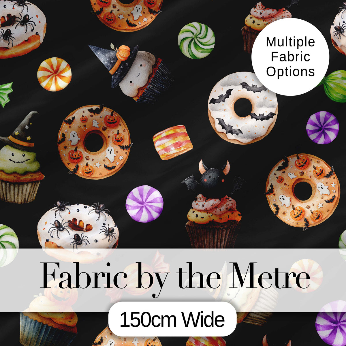 Halloween Donuts Cupcakes Bats Candy and Pumpkins Black Background   Digital Print Fabric by the Metre UK Sewing Quilting Textile